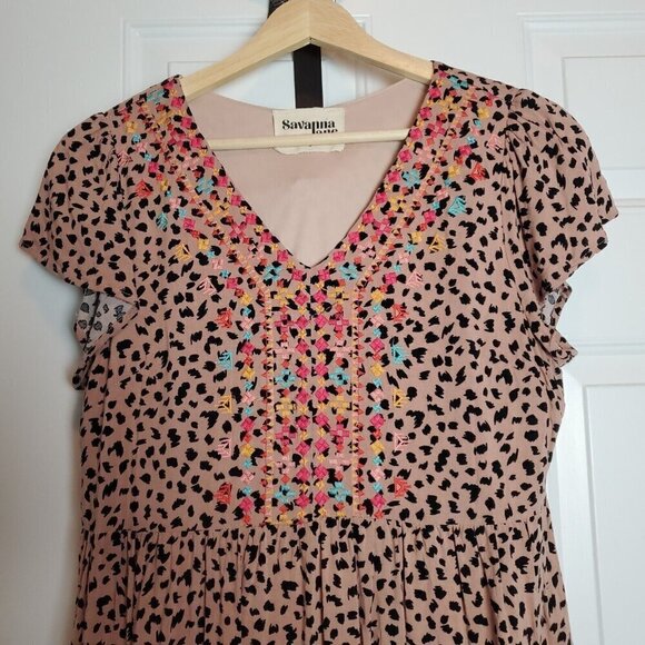 Savanna Jane Peasant Dress Women Small Pink Embroidered Leopard Print Bohemian - Picture 5 of 10